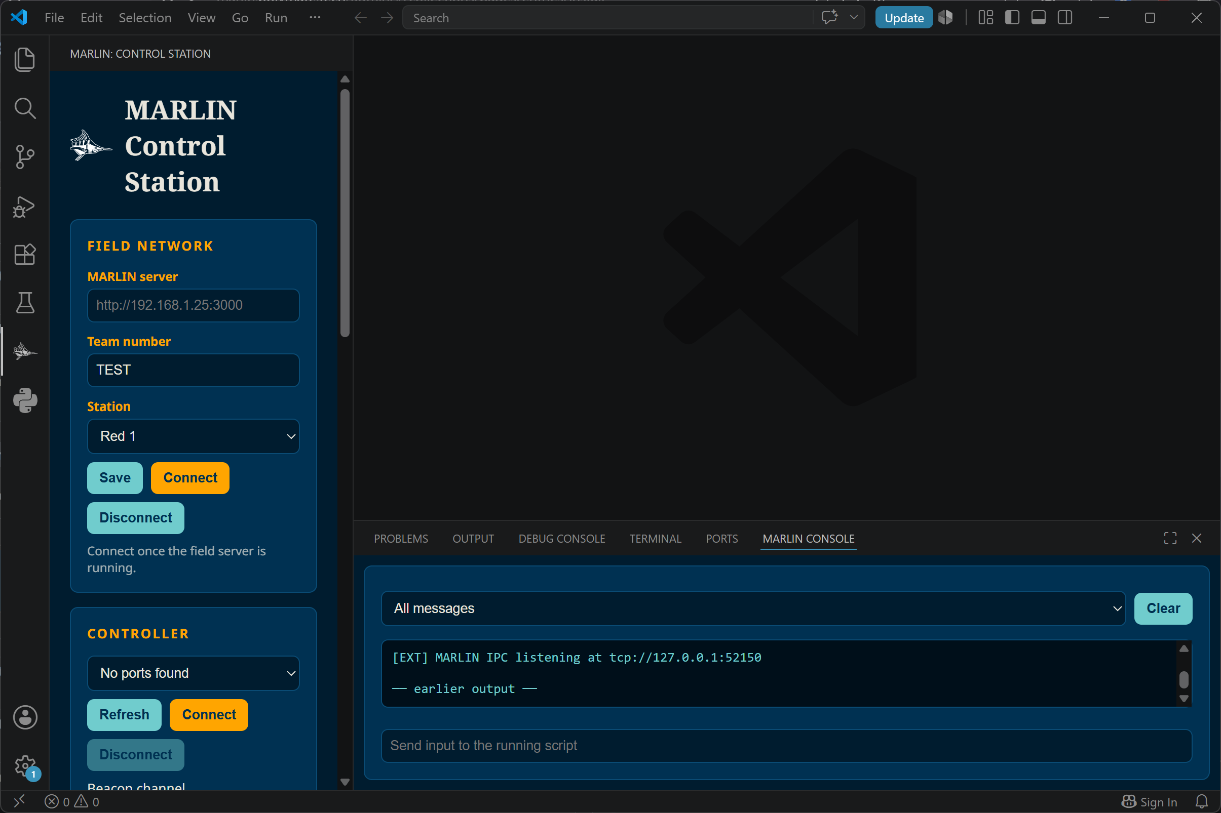 VS Code with the MARLIN control station open in the sidebar and the MARLIN Console panel docked at the bottom.