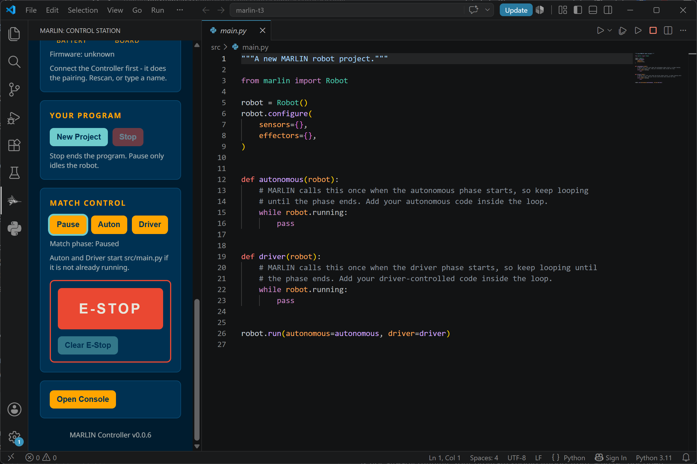 The MARLIN control station scrolled to the bottom. Below the Match Control card with its E-STOP button is the Open Console button. A new project's src/main.py is open in the editor alongside it.