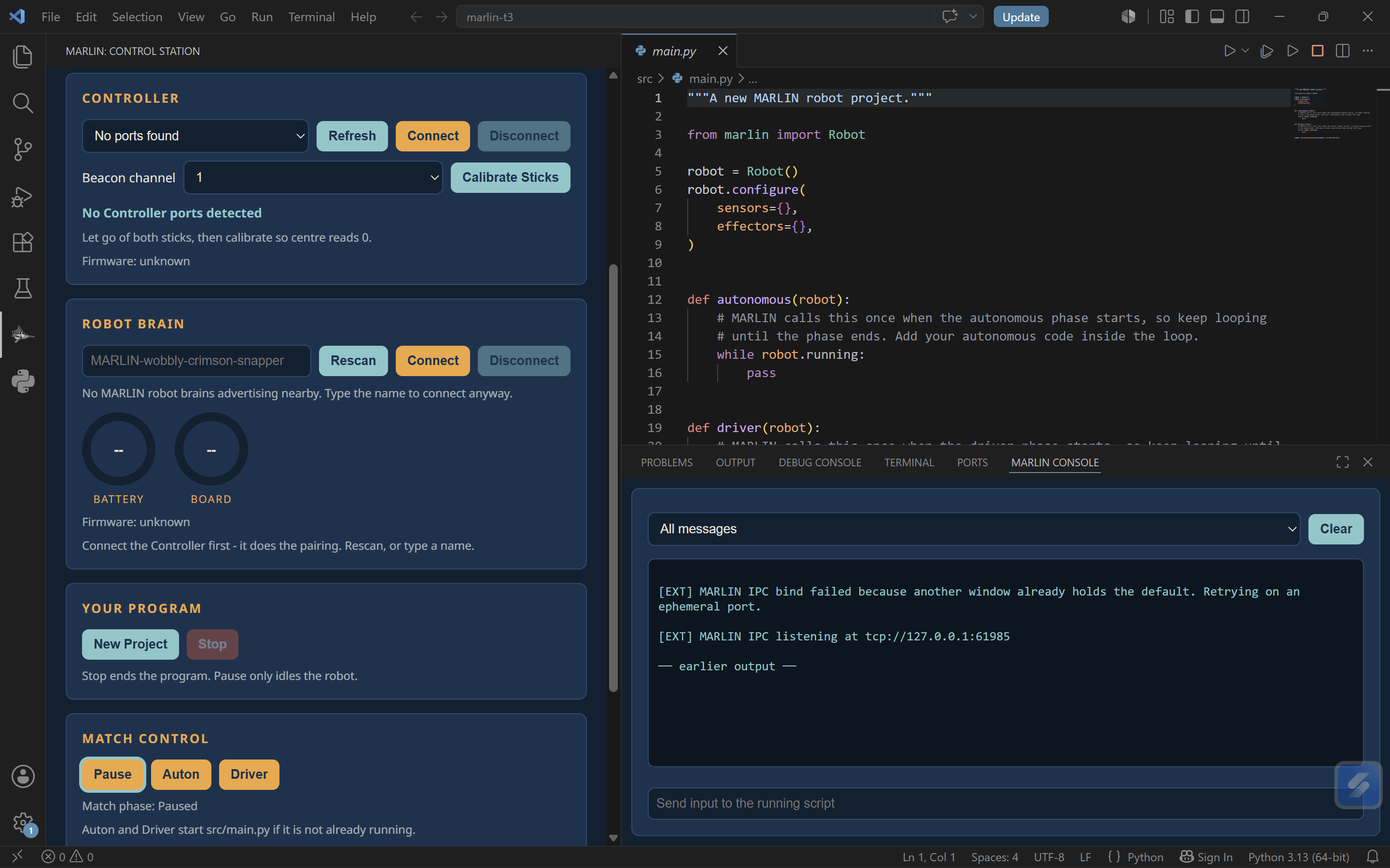 The MARLIN control station open beside a new project in VS Code.