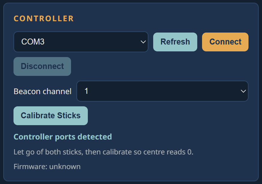 The Controller card, with the port dropdown, Refresh, and Connect.