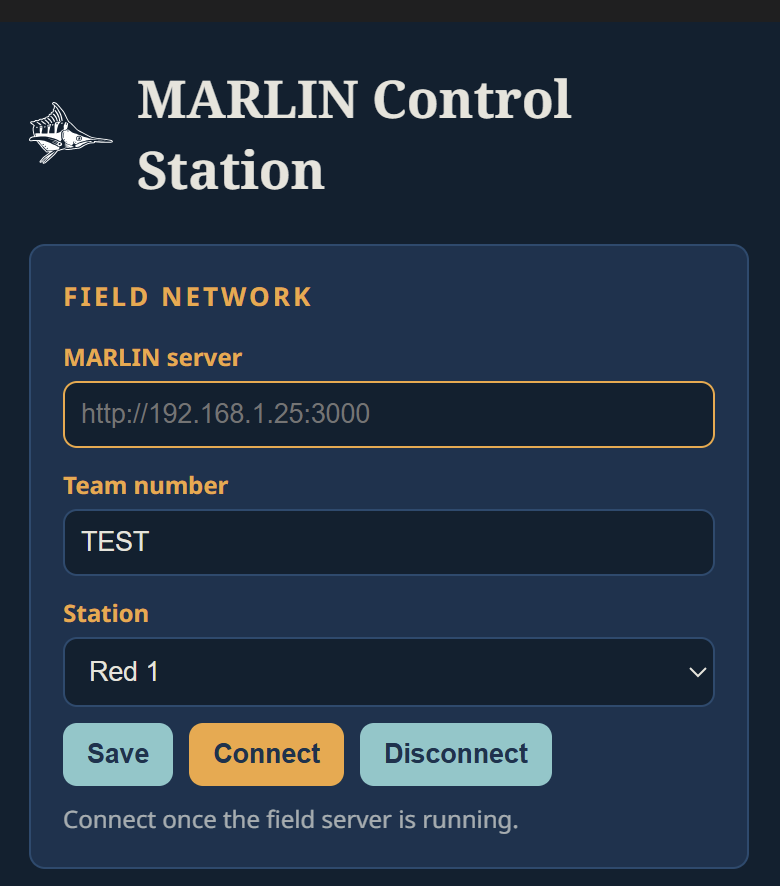The Field Network card, with fields for the MARLIN server URL, team number, and driver station.
