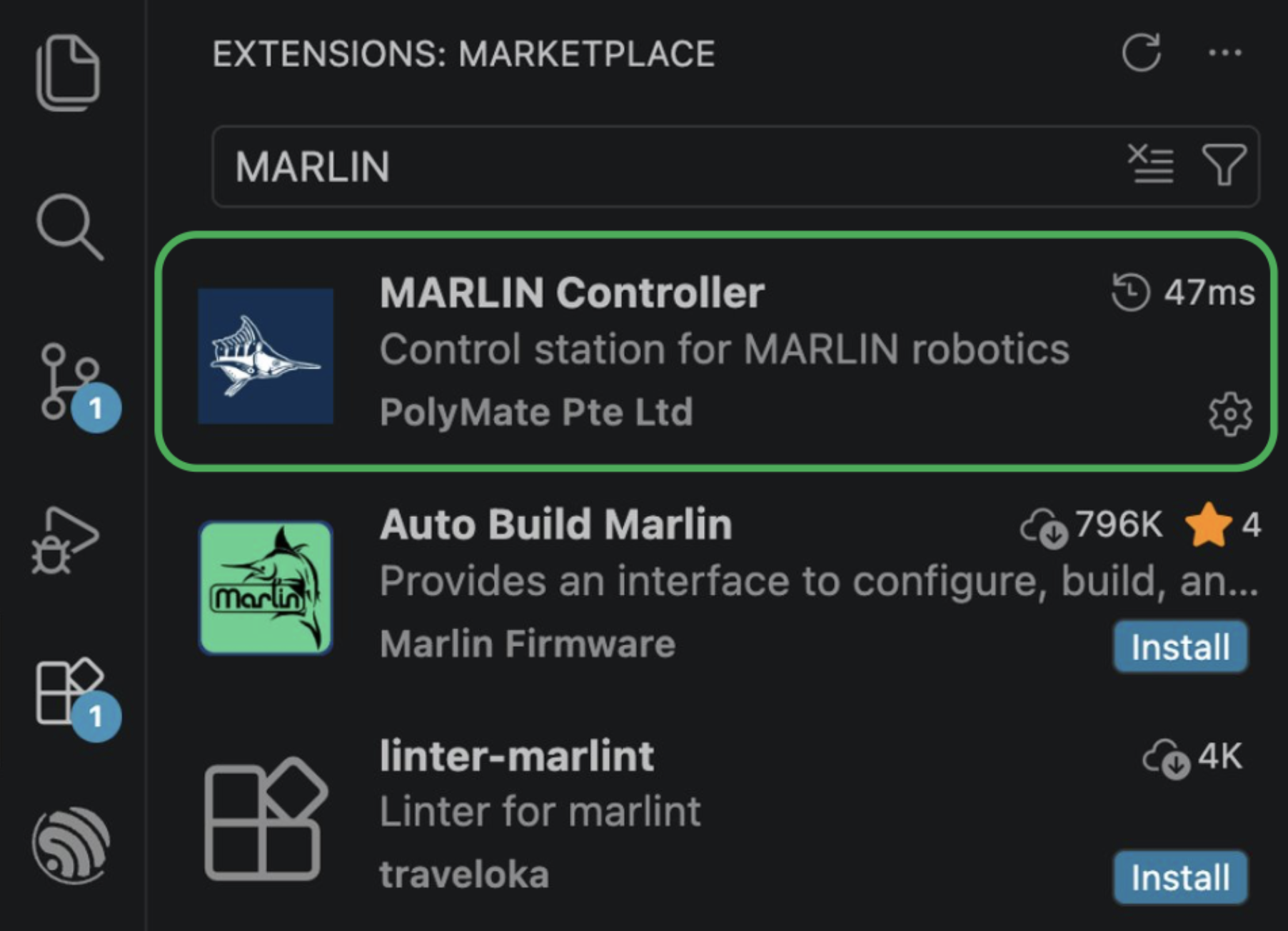 VS Code Extensions marketplace searching for MARLIN. The correct result, "MARLIN Controller" by PolyMate Pte Ltd, is the second entry and is outlined in green.
