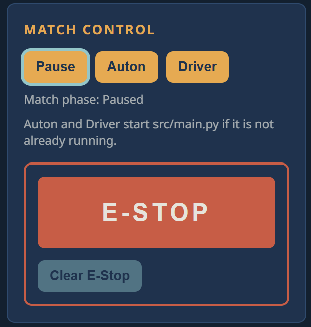 The Match Control card, with Pause, Auton, Driver, E-STOP, and Clear E-Stop buttons.