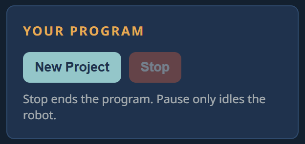 The Your Program card, with New Project and Stop buttons.