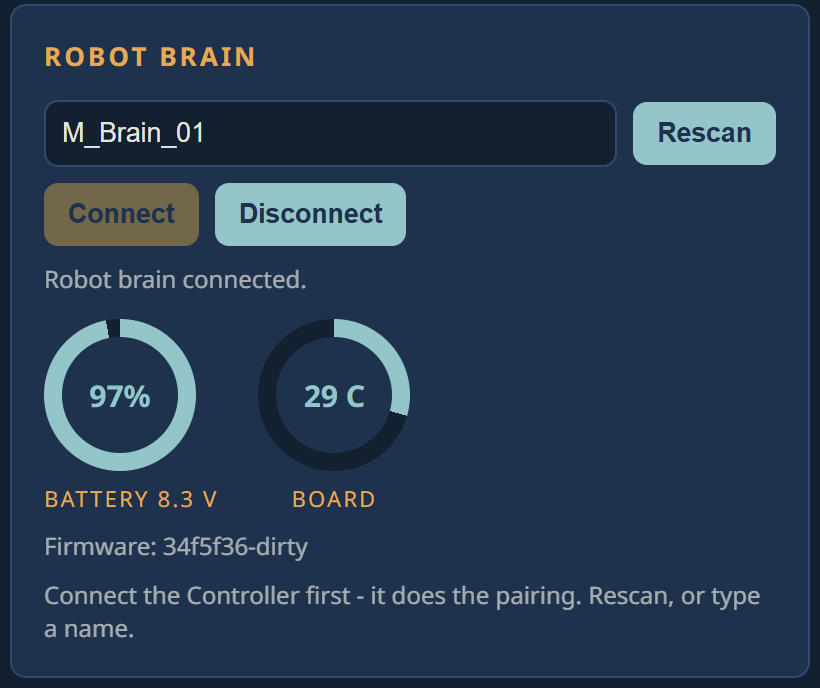 The Robot Brain card showing "Robot brain connected." with battery and board-temperature dials.