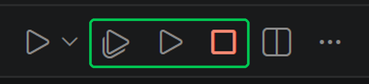 The editor title bar. Boxed in green, left to right: Start Auton (a play icon with a loop), Start Driver (a plain play icon), and Stop (a red square). The plain play icon and chevron to the left of the box belong to VS Code, not MARLIN.