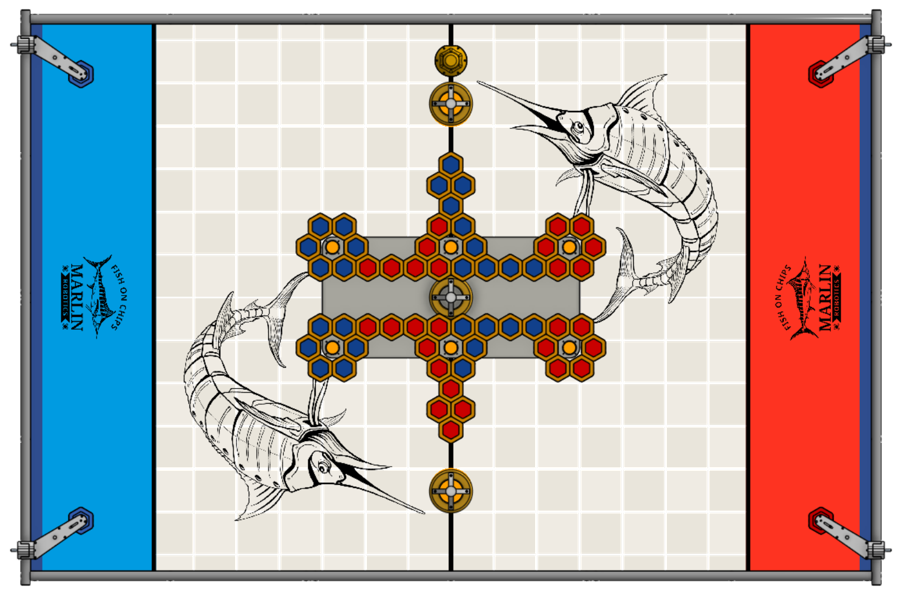 The Link Lockdown Pool layout, showing the Anchorage and its posts at the centre, the Alliance Starting Areas, the Bollards, the Moorings along the Centerline, and the Beacon.
