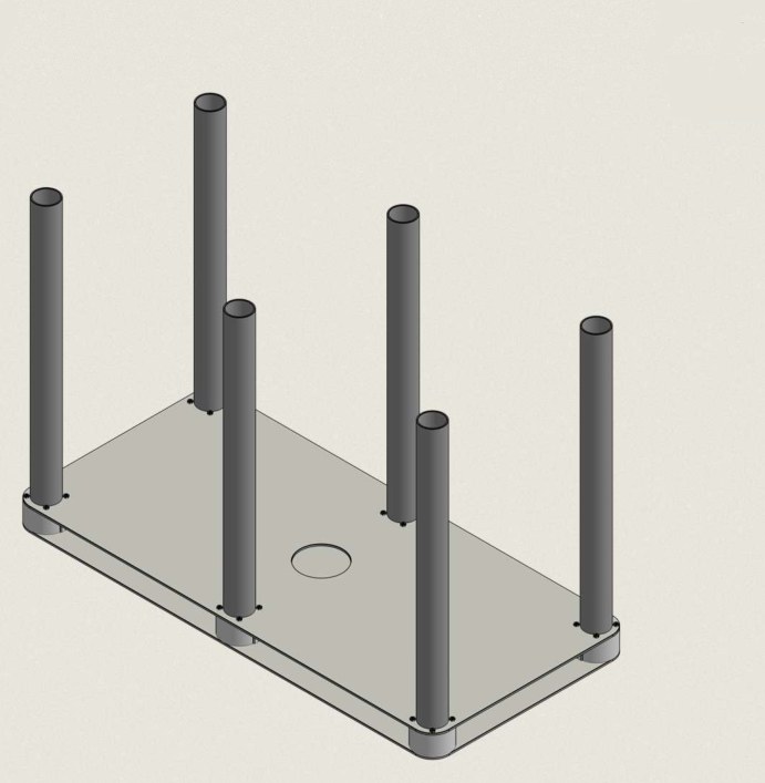 The assembled Anchorage: two rectangular plates stacked with a small gap between them, and six vertical tubes rising through the upper plate, four at the corners and two in the middle of the long sides.