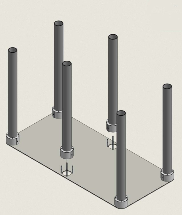 All six tubes now standing on the Bottom Plate, four at the corners and two in the middle of the long sides.