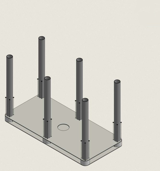The finished Anchorage: both plates bolted together with the six tubes standing up through the upper plate, four bolts and nuts around each tube.