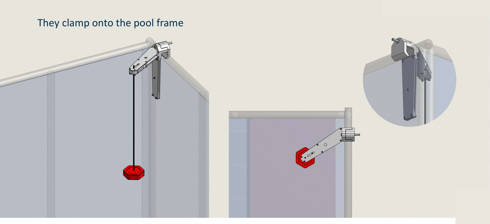 Close views of a mounted Bollard. The arm clamps over the top rail of the frame at the corner, the vertical support board presses against the wall panel, and a string hangs from the end of the arm with a red Hex Link at the bottom.