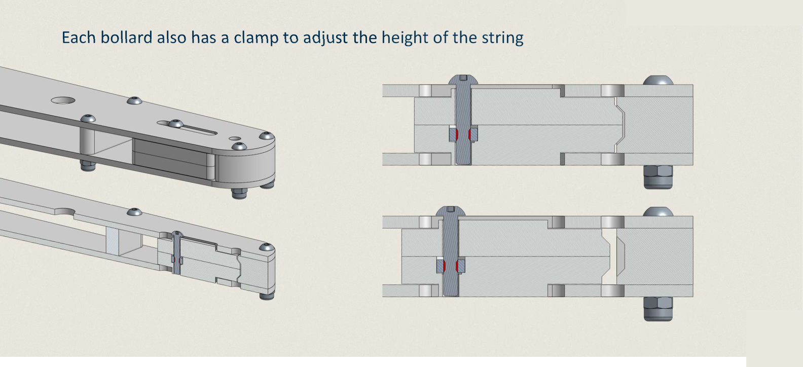 Cutaway views of the string clamp inside the diving board arm. The string runs down between the two clamp plates, which pinch it closed. A screw at the end of the arm opens and closes the gap.