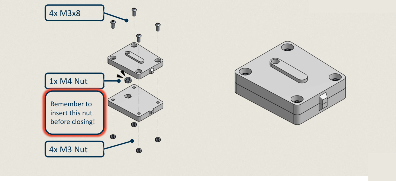 Exploded view of the string clamp. Four M3x8 screws pass down through a slotted top plate and a bottom plate, with an M4 nut trapped between them and four M3 nuts underneath. The finished clamp is a small block with a slot across its top face.
