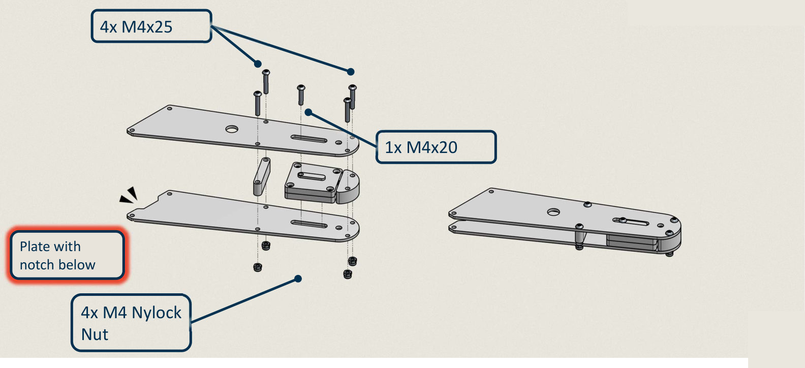 Exploded view of the diving board. Two long plates sandwich the string clamp and a spacer, with four M4x25 screws through the corners, one M4x20 screw through the centre slot, and four M4 nylock nuts underneath. A callout marks the lower plate as the one with the notch.