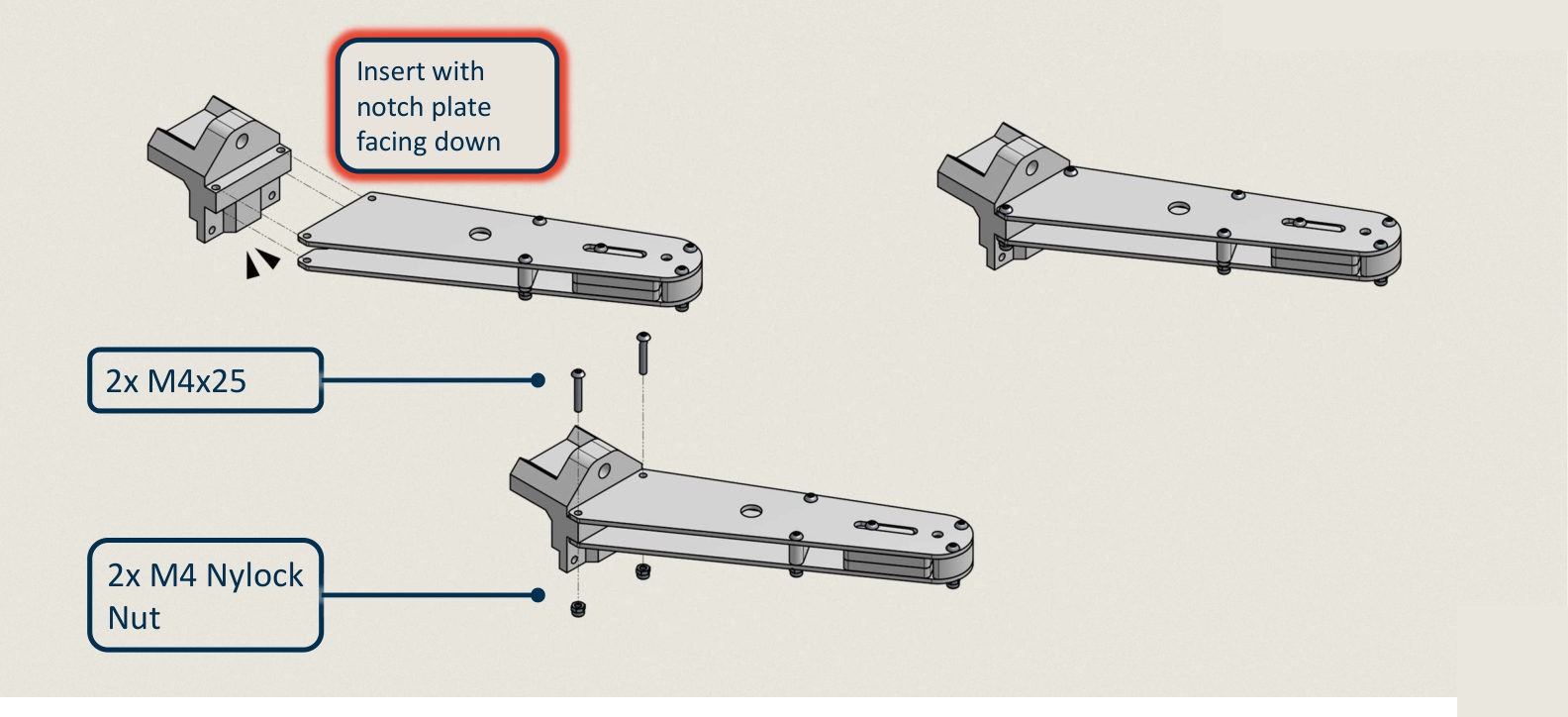 The clamp block sliding onto the end of the diving board, then fixed with two M4x25 screws and two M4 nylock nuts through the joint. A callout says to insert it with the notch plate facing down.