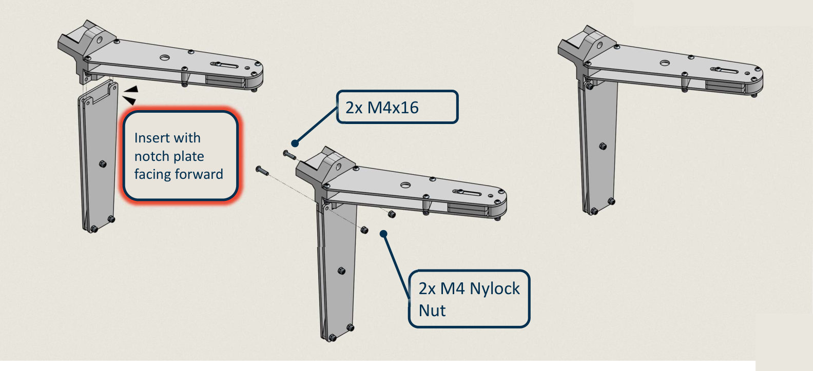 The support board sliding up into the clamp block underneath the diving board, fixed with two M4x16 screws and two M4 nylock nuts. A callout says to insert it with the notch plate facing forward.