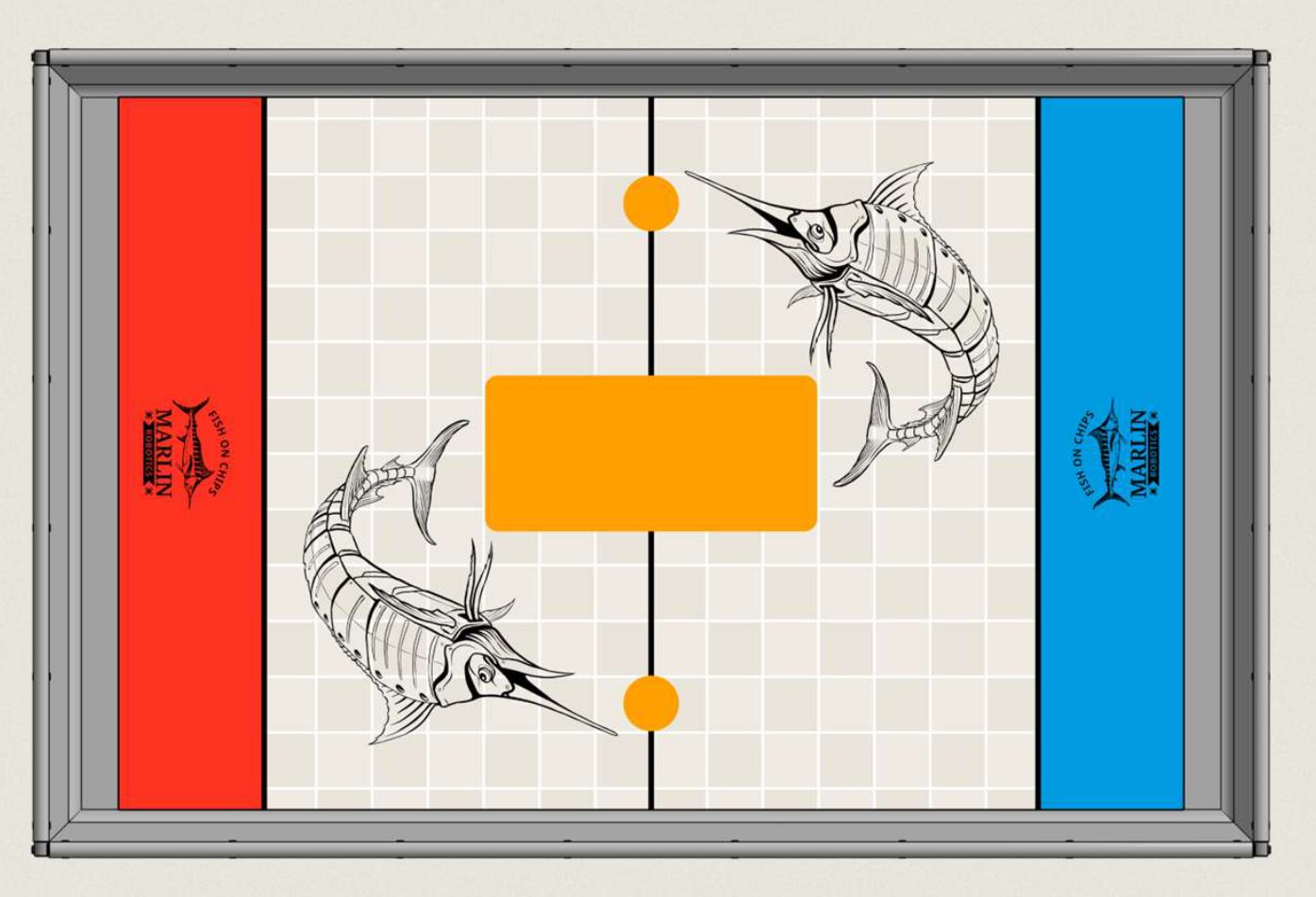 Top view of the Playing Field laid in the Pool: the red Alliance area on one side, the blue Alliance area on the other, the Centerline down the middle with the Anchorage and two Moorings on it.