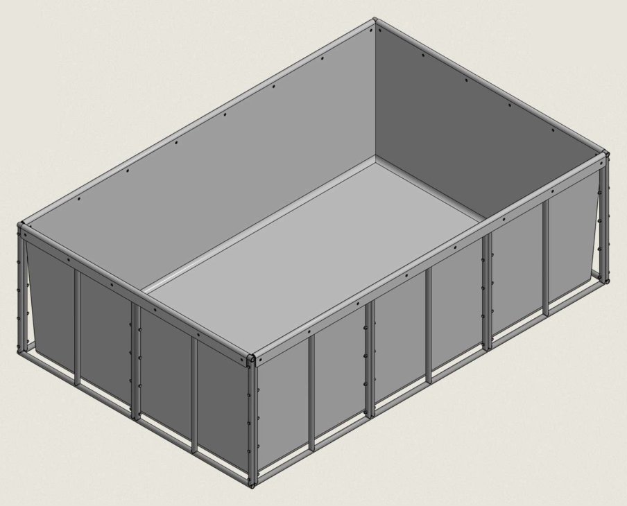 The assembled Pool: a rectangular steel frame three panels long and two panels wide, with the tarp hanging inside it and folded over the top rail all the way around.
