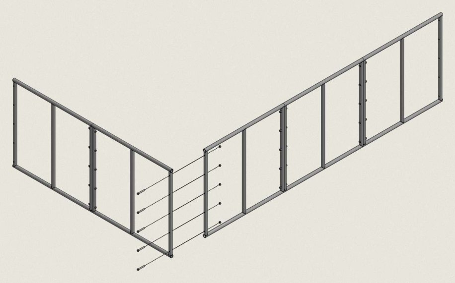 A long side and a short side stood upright and brought together at a corner, with five bolts running down through the corner joint.