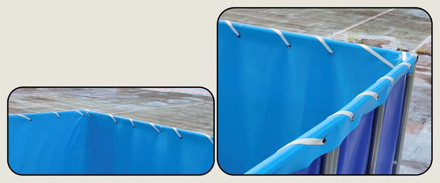 Close views of the finished lashing: rope passing through each eyelet and wrapping over the top rail of the frame.