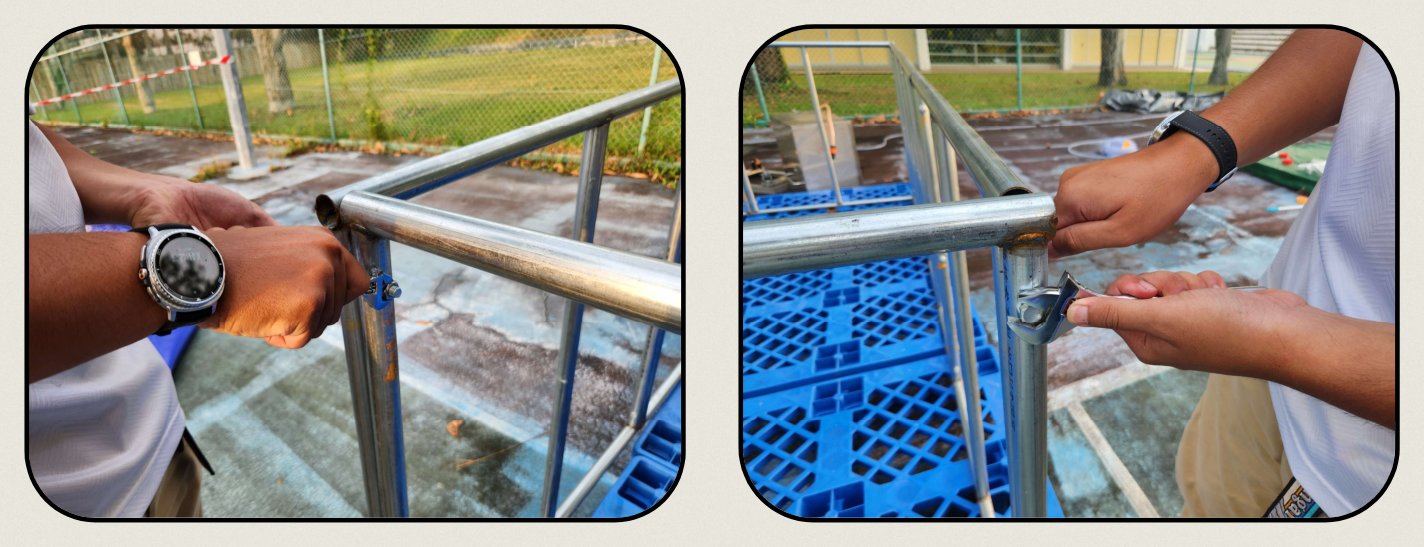 Two photos of the frame being tightened: a hand steadying a corner joint, and a spanner on the nut of a corner bolt.