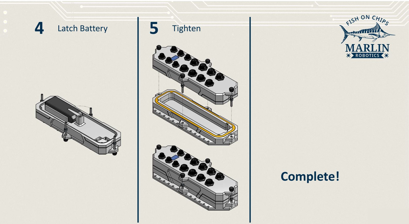 Two panels: the battery latched into the baseplate, then the top refitted over the gasket and screwed down, giving a closed Robot Brain.