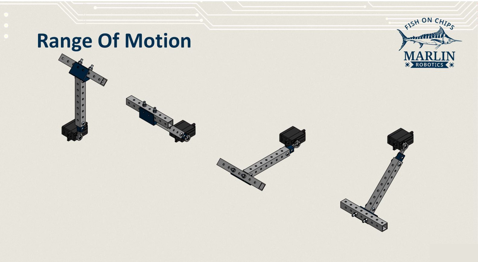 Four views of the assembled T Flipper at different servo angles, from crossbar up through horizontal to crossbar down.