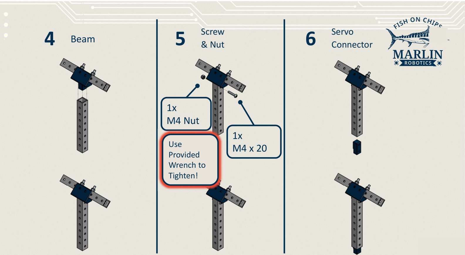 Three panels: the upright beam offered up to the underside of the T mount, then fixed with one M4 x 20 screw and nut, then the small servo arm connector fitted to the lower end of the upright.