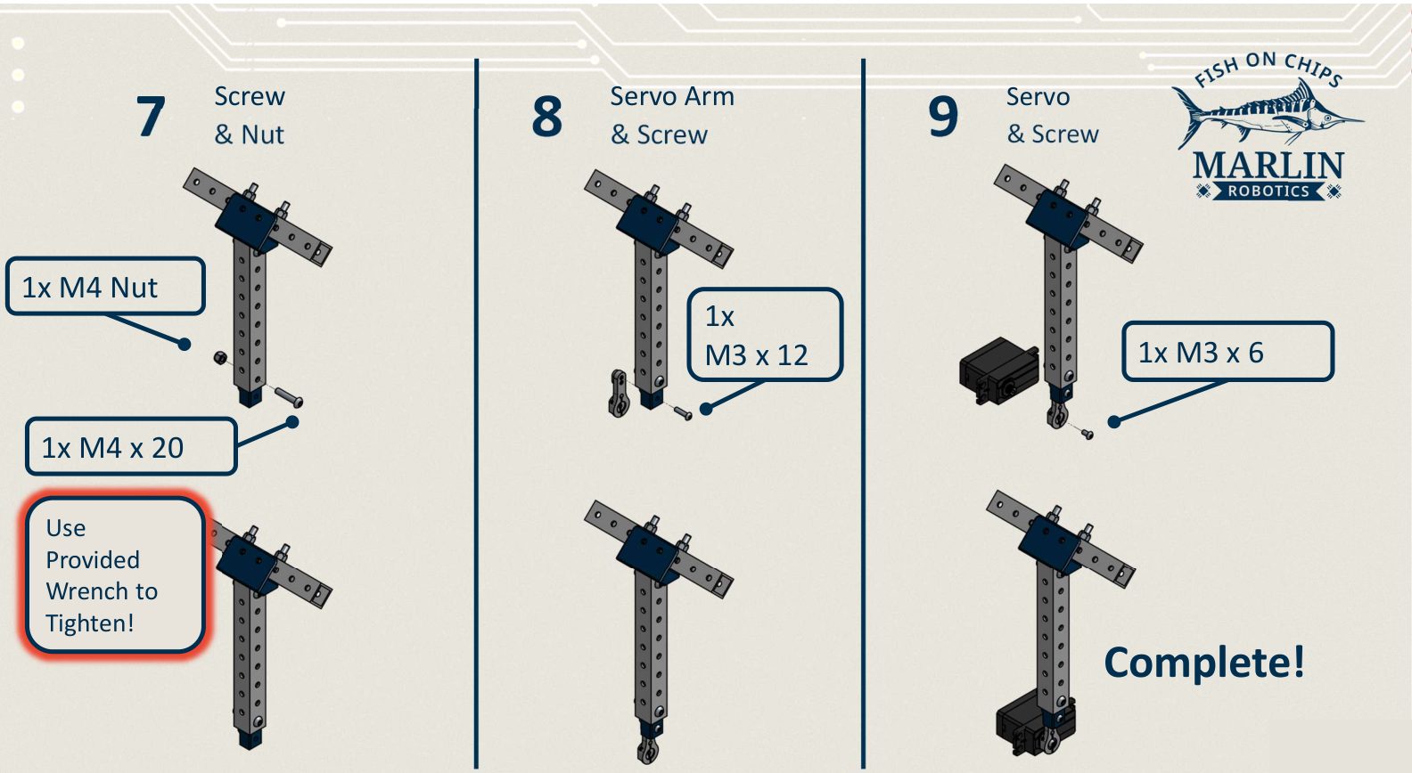 Three panels: the connector fastened with an M4 x 20 and nut, the servo arm added with an M3 x 12, then the servo itself fixed with an M3 x 6, ending in a completed T Flipper.