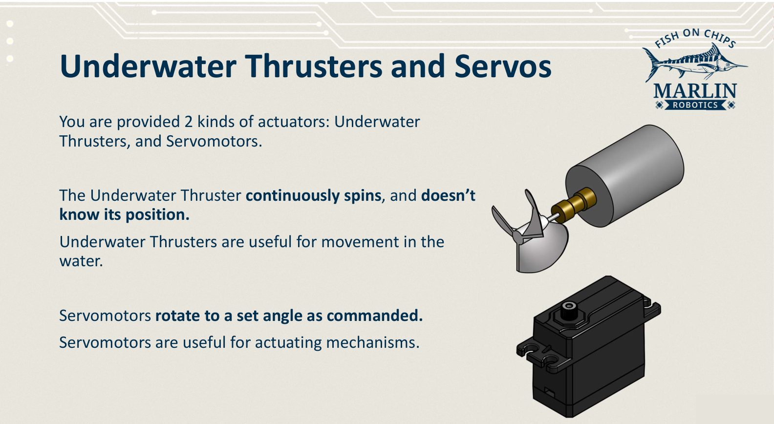 An Underwater Thruster with its propeller alongside a black servomotor.