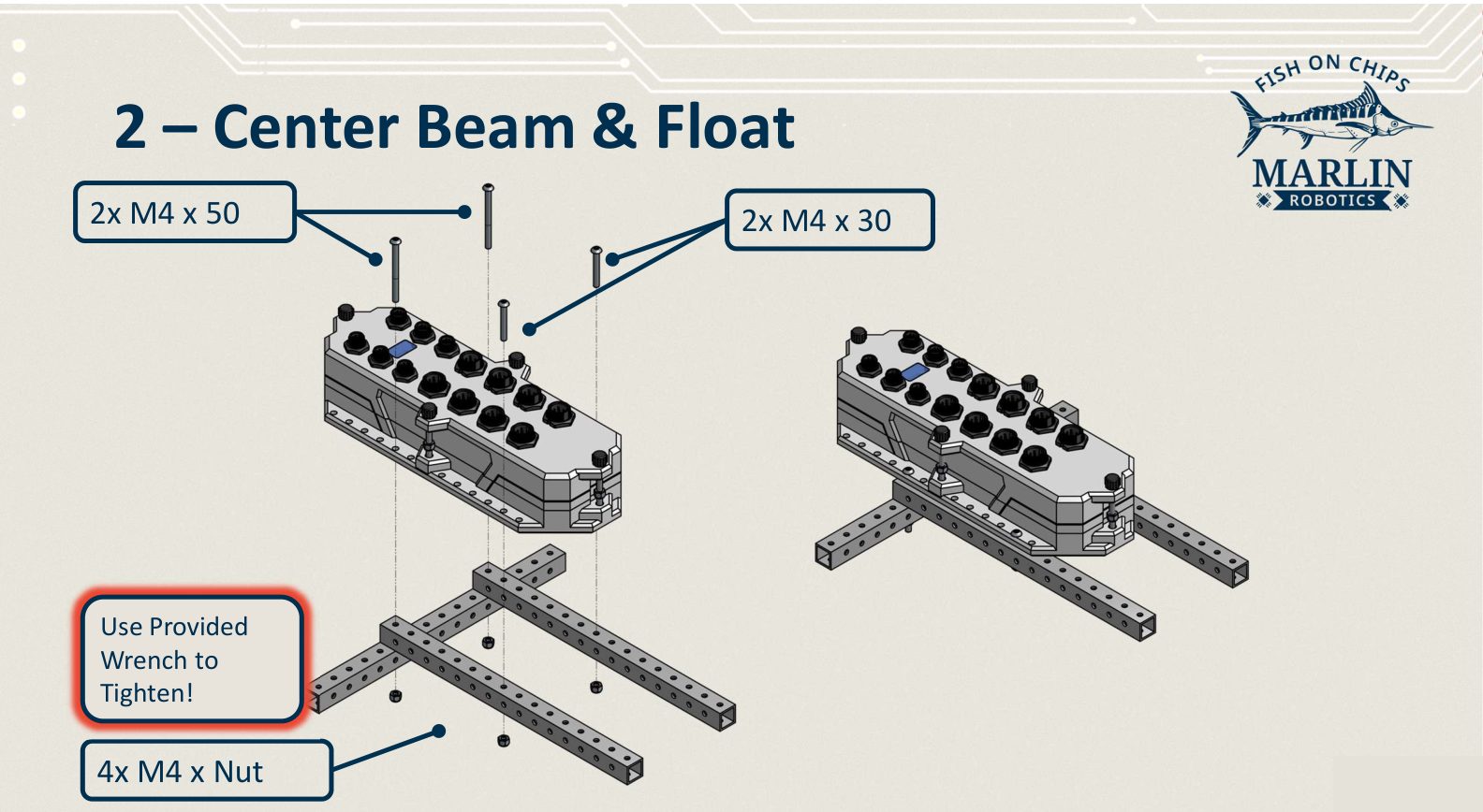 The Robot Brain lowered onto a cross of two beams, with two M4 x 50 and two M4 x 30 screws passing down through it into four M4 nuts, and the result standing on the beams.