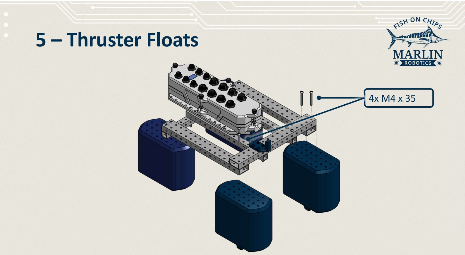 The two thruster floats brought up to the frame and fixed with four M4 x 35 screws, giving a boat standing on four float blocks.