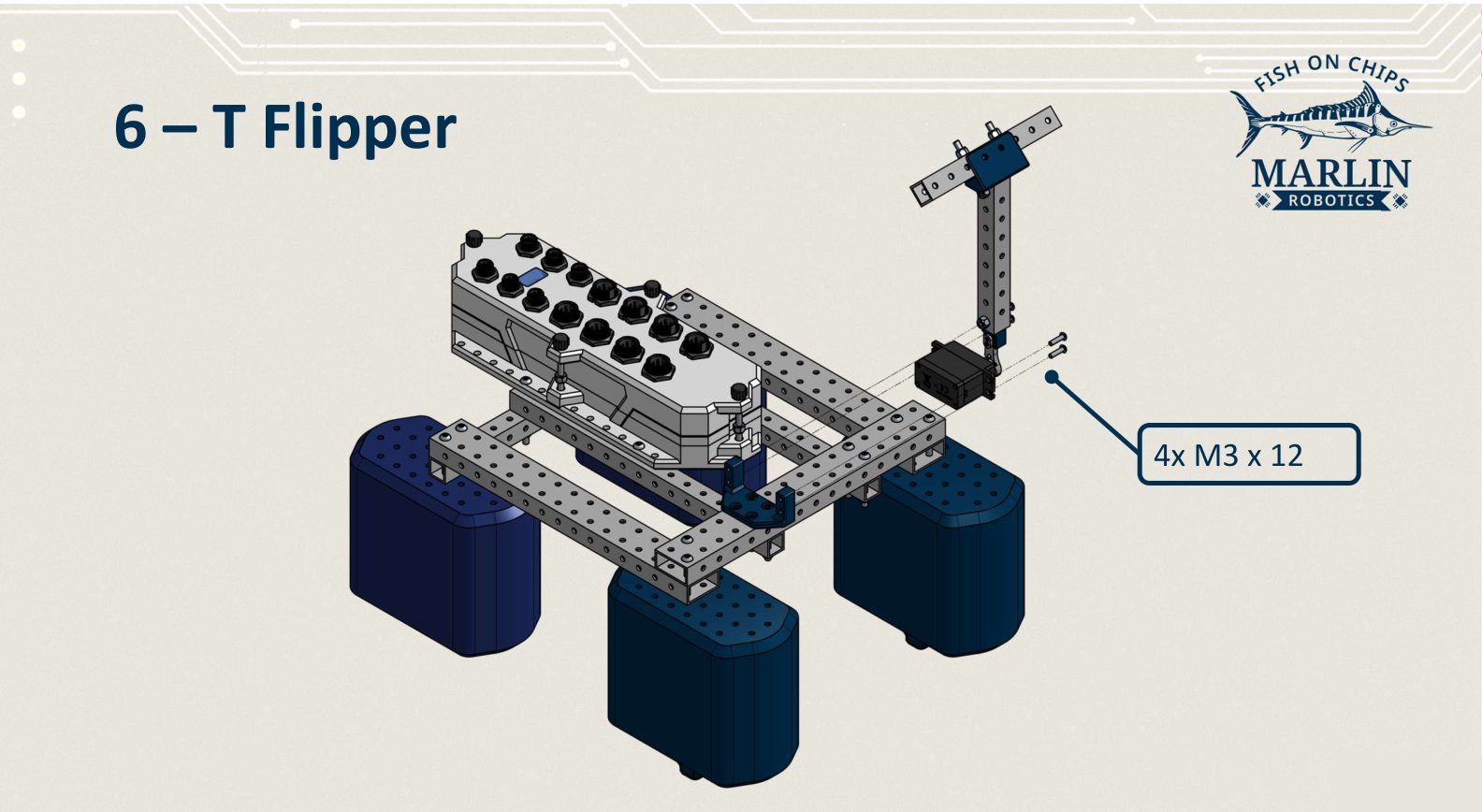 The assembled T Flipper offered up to the mount on the front beam of the floating frame, fixed with four M3 x 12 screws.