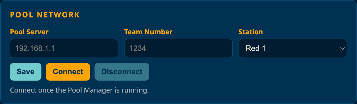 The Pool Network card, with fields for the MARLIN server URL, team number, and driver station.