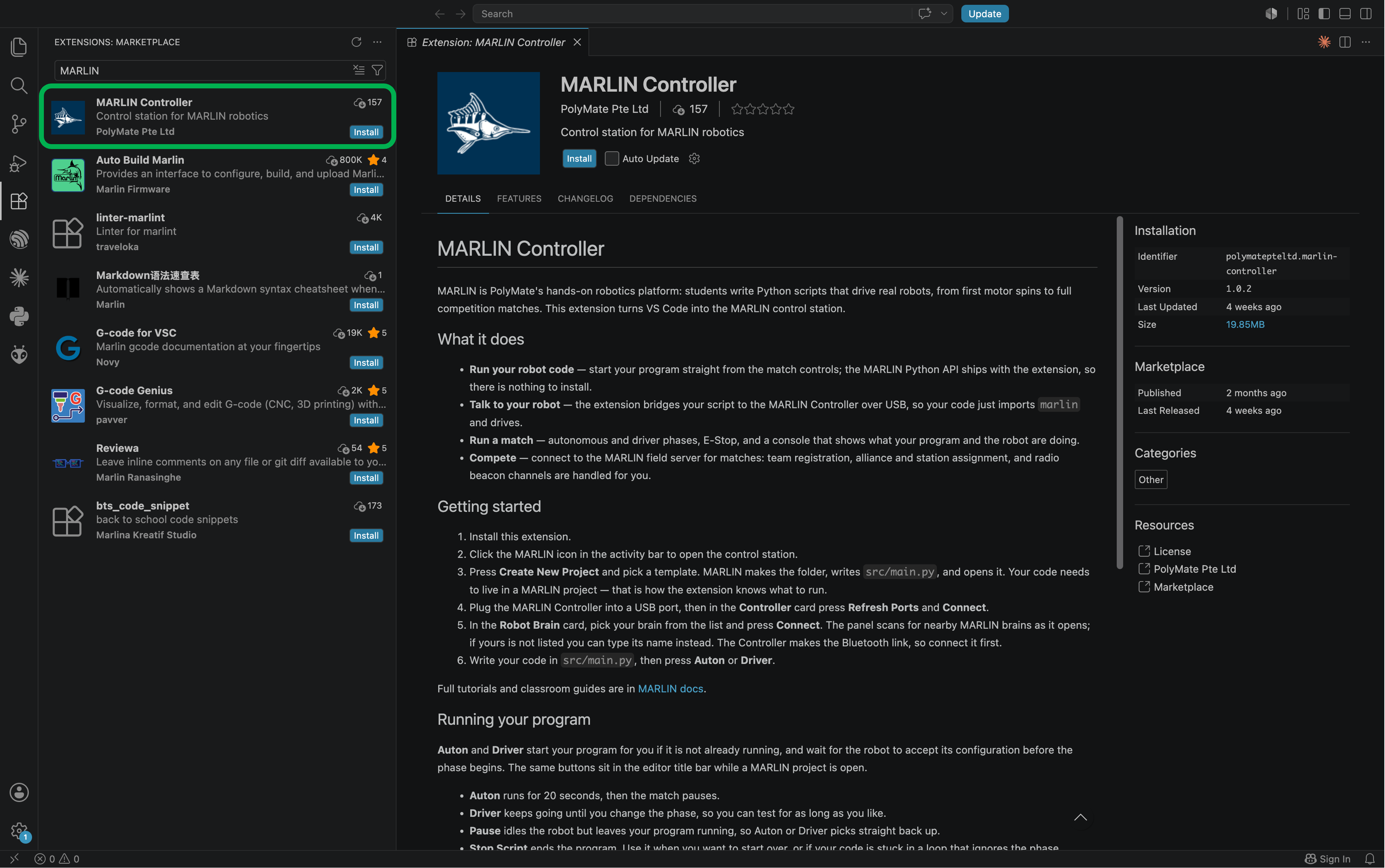VS Code Extensions marketplace searching for MARLIN. The correct result, "MARLIN Controller" by PolyMate Pte Ltd, is the second entry and is outlined in green.