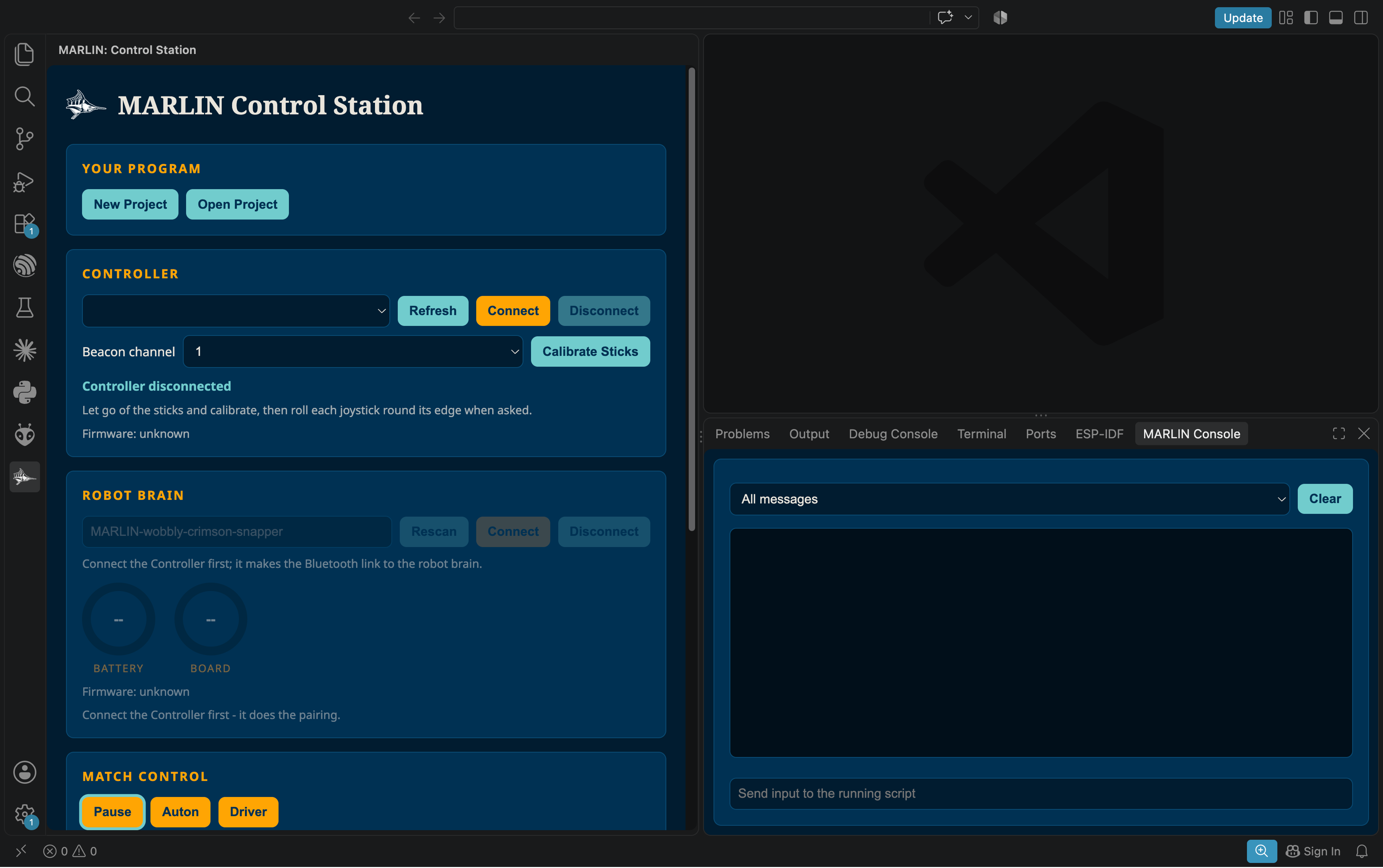 VS Code with the MARLIN control station open in the sidebar and the MARLIN Console panel docked at the bottom.