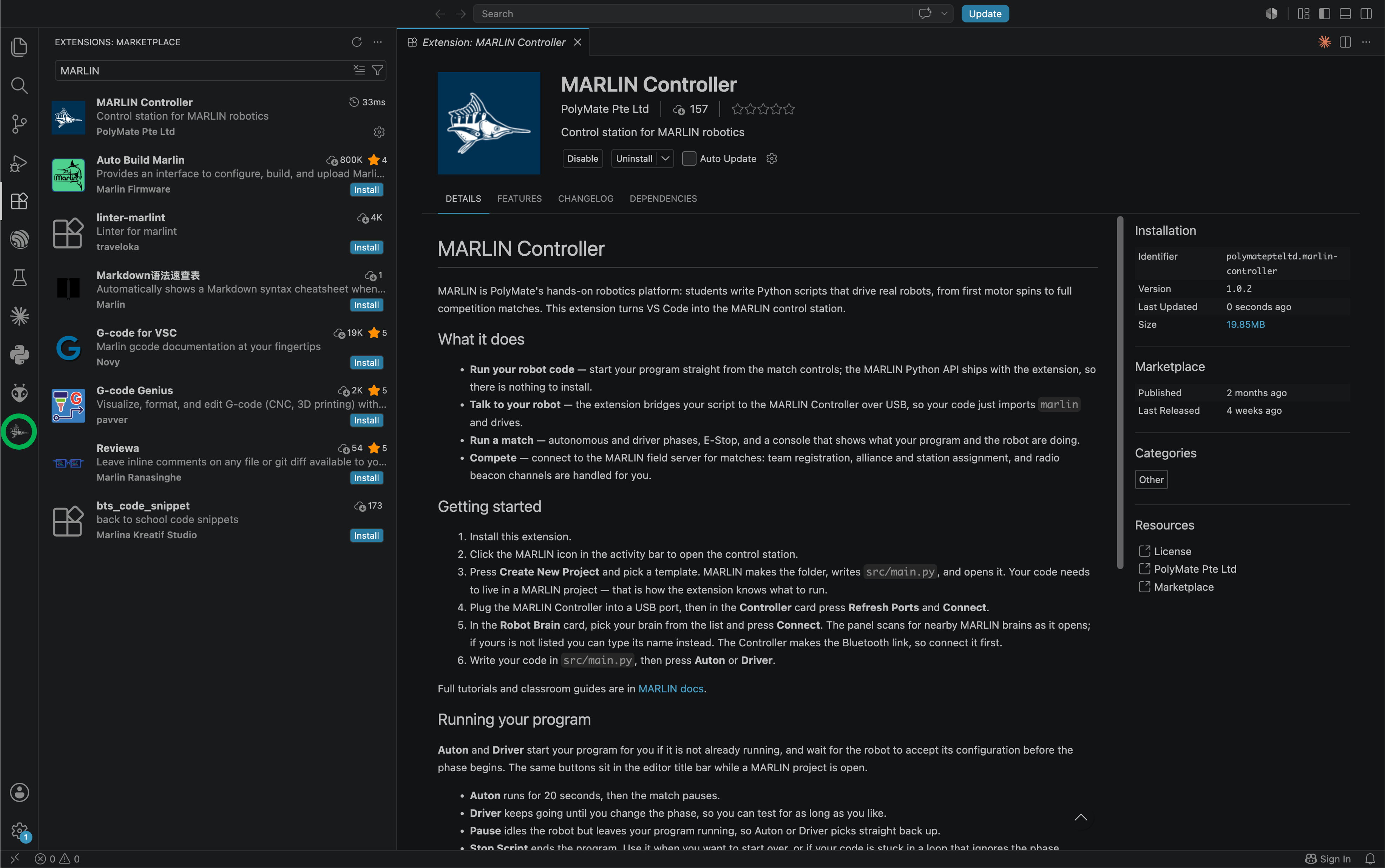 The VS Code activity bar. The MARLIN icon, a marlin silhouette, is circled in green near the bottom of the strip.