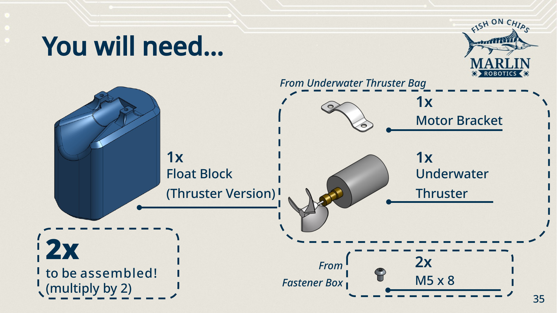 Parts needed for one thruster hull: one thruster-version float block, one motor bracket and one underwater thruster from the Underwater Thruster Bag, and two M5 x 8 screws from the Fastener Box. A callout notes two hulls are to be assembled.