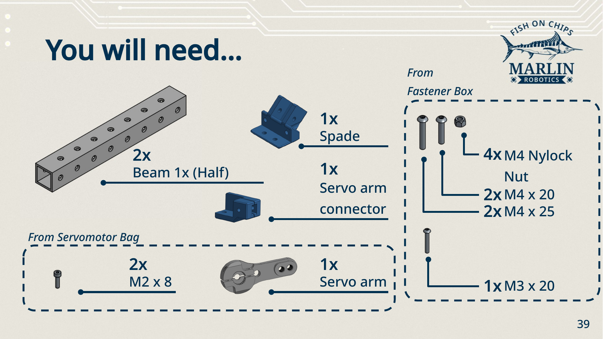 Parts needed for the T Flipper: two half-length 1x beams, a spade piece, a servo arm connector, and from the bags and Fastener Box, a servo arm, two M2 x 8, two M4 x 20, two M4 x 25, four M4 nylock nuts and one M3 x 20.