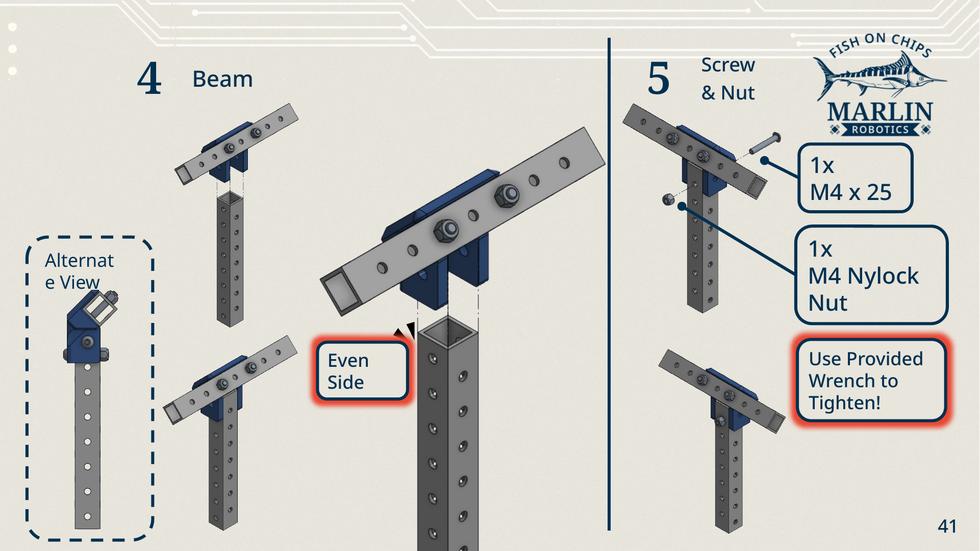 Steps four and five: the upright beam offered up into the spade piece with its even side facing out, then fixed with one M4 x 25 screw and one M4 nylock nut, with an alternate view.