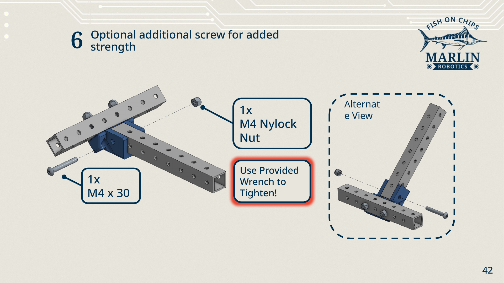 Step six, optional: a second screw, one M4 x 30 with an M4 nylock nut, passing through the other hole of the spade joint, shown from two angles.