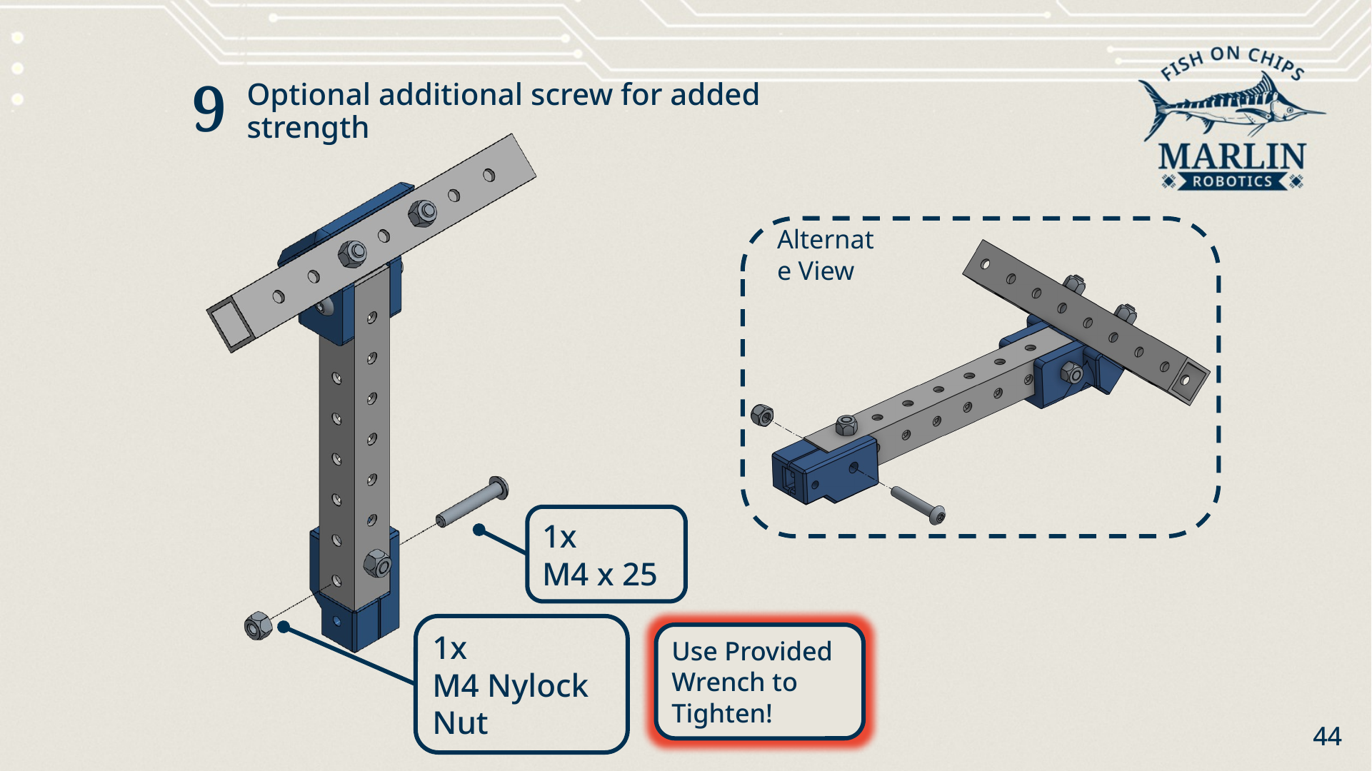 Step nine, optional: a second screw, one M4 x 25 with an M4 nylock nut, through the other hole of the servo arm connector, shown from two angles.