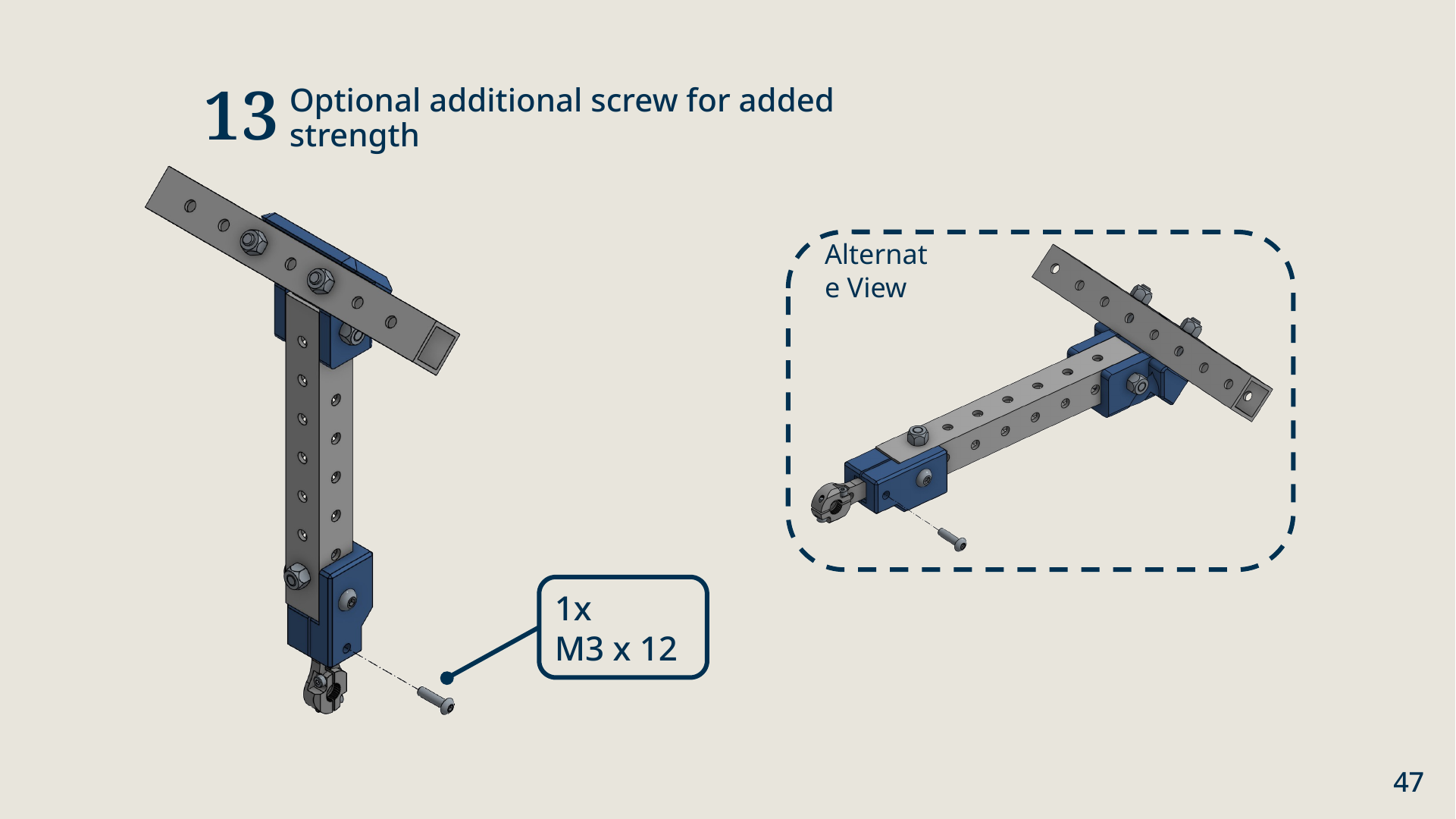 Step thirteen, optional: a second M3 x 12 screw through the other hole joining the servo arm to the connector, shown from two angles.