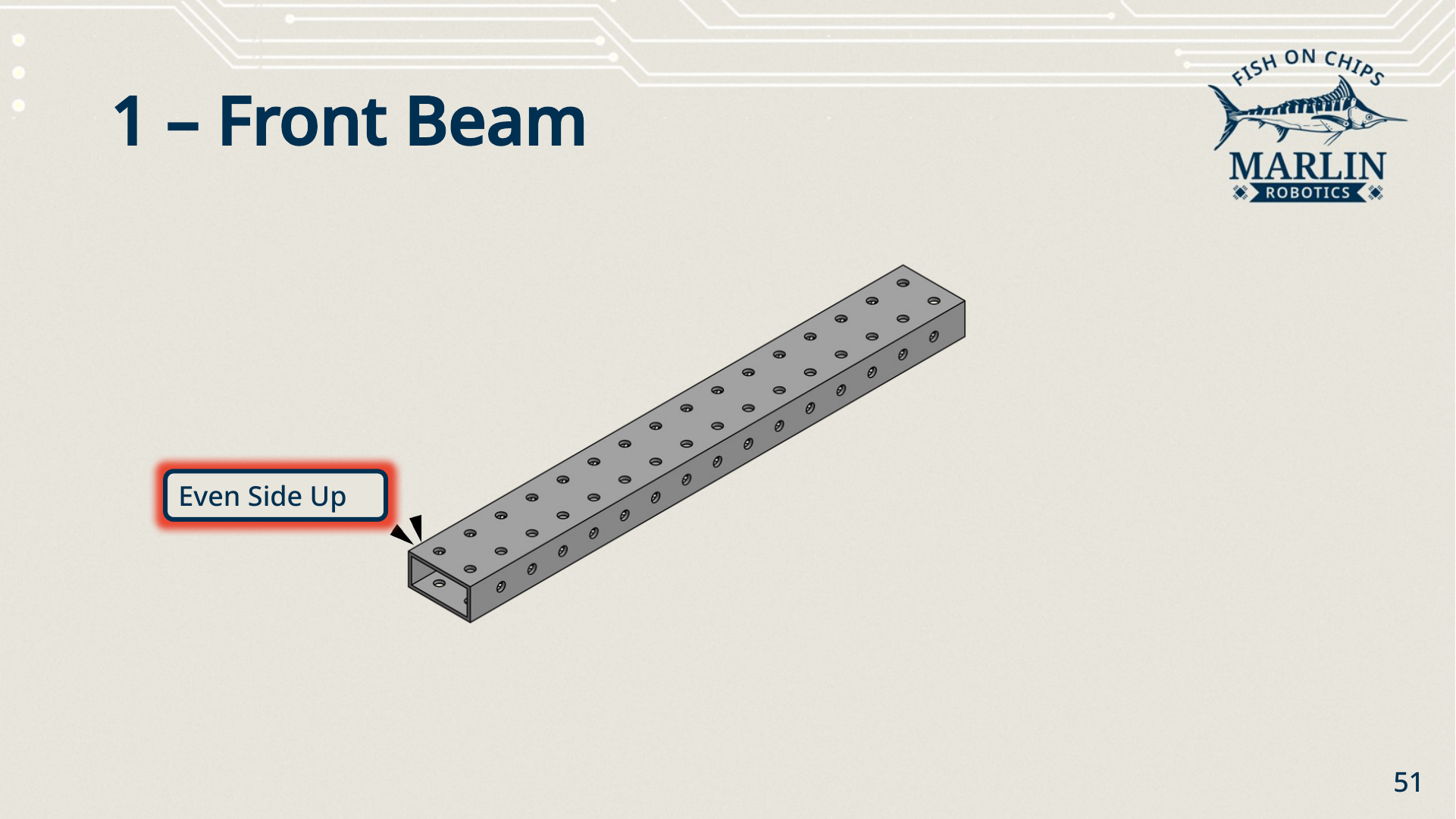 Step one: a single full-length 2x beam laid flat with a callout reading "Even Side Up".
