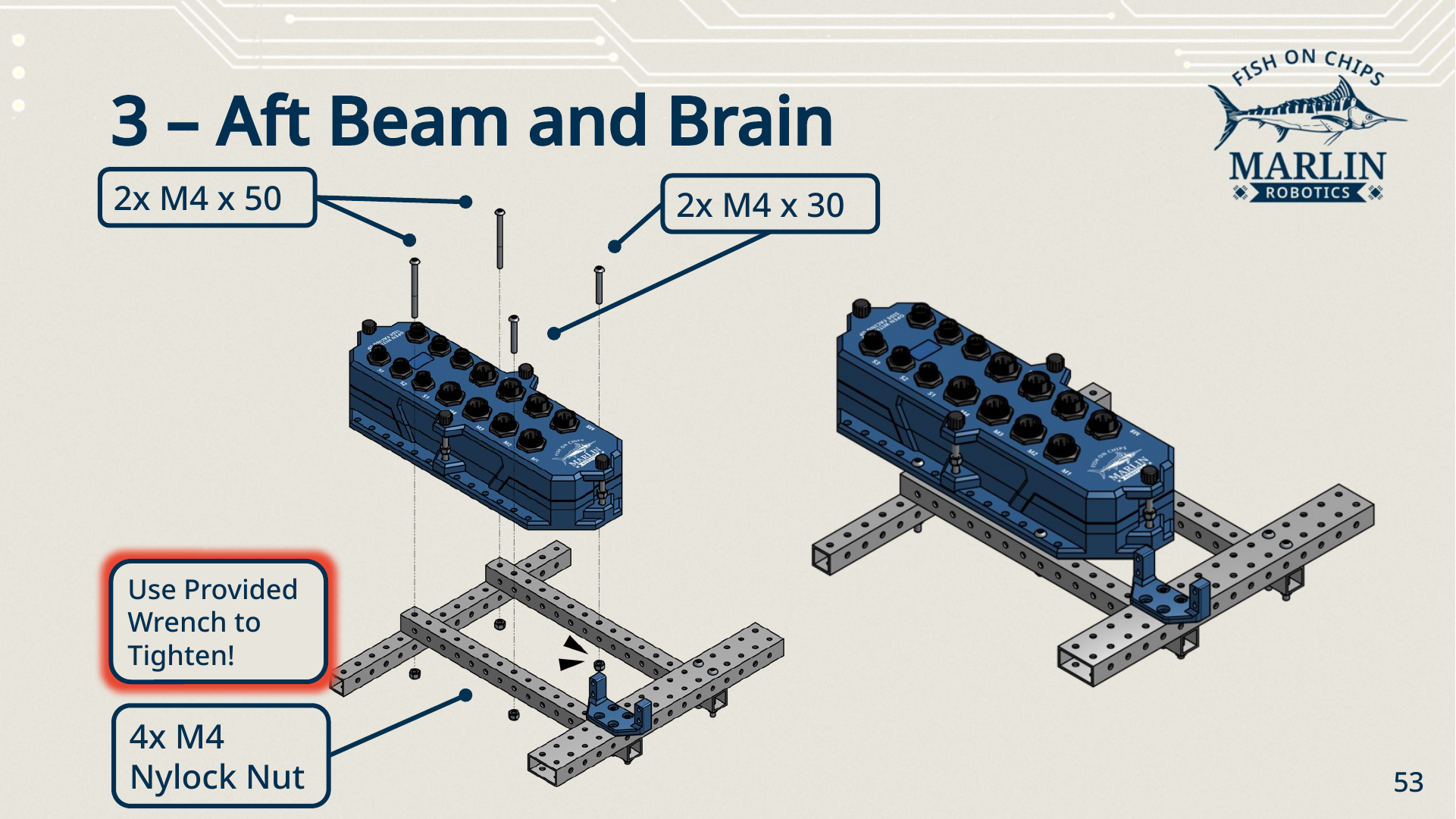 Step three: the Robot Brain lowered onto the frame, with two M4 x 50 screws at one end and two M4 x 30 at the other passing down through its feet into four M4 nylock nuts, and the result standing on the beams.