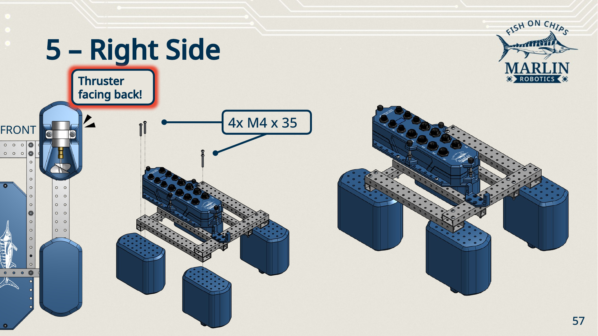 Step five: the right side beam fitted with its two hulls and four M4 x 35 screws, with a detail showing the thruster facing back, and the finished frame standing on four hulls.
