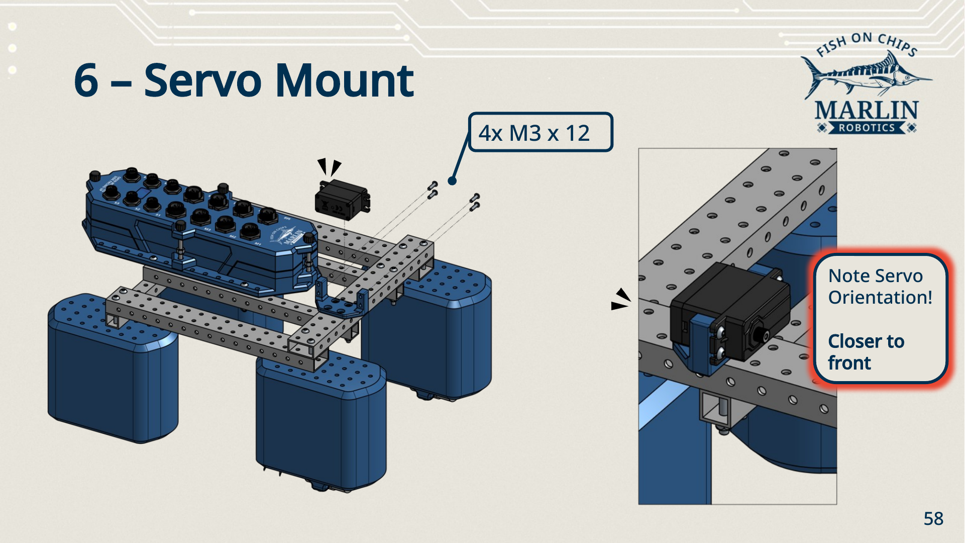 Step six: the servo lowered into the servo mount on the front beam and fixed with four M3 x 12 screws, with a close-up showing the servo oriented closer to the front of the Robot.