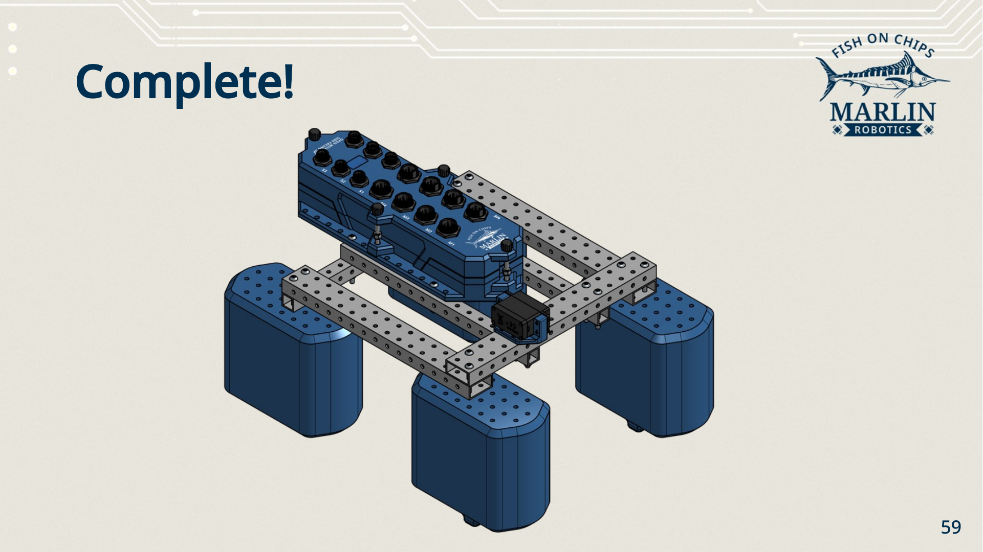 The completed main assembly: the Robot Brain on the beam frame, standing on four hulls, with the servo mounted at the front.