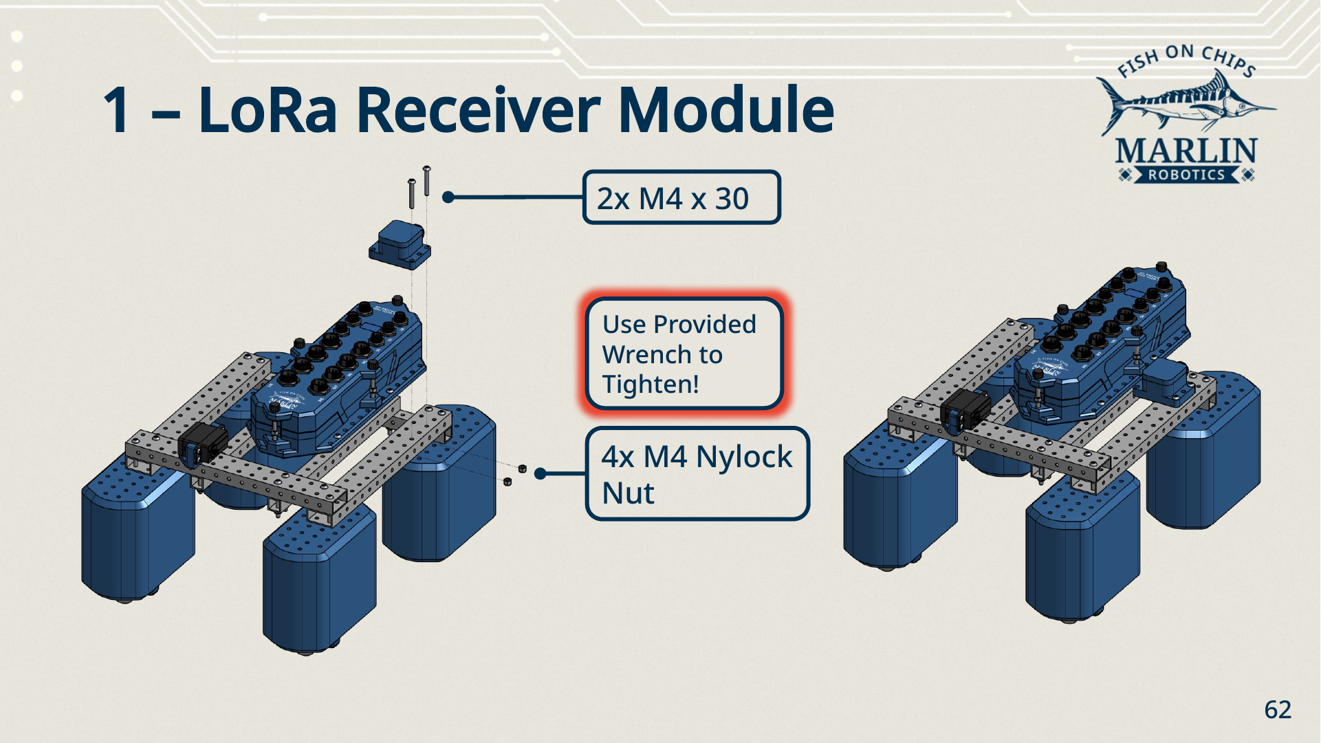 Step one: the LoRa module lowered onto the frame beside the Robot Brain and fixed with two M4 x 30 screws and M4 nylock nuts, with the result shown mounted.
