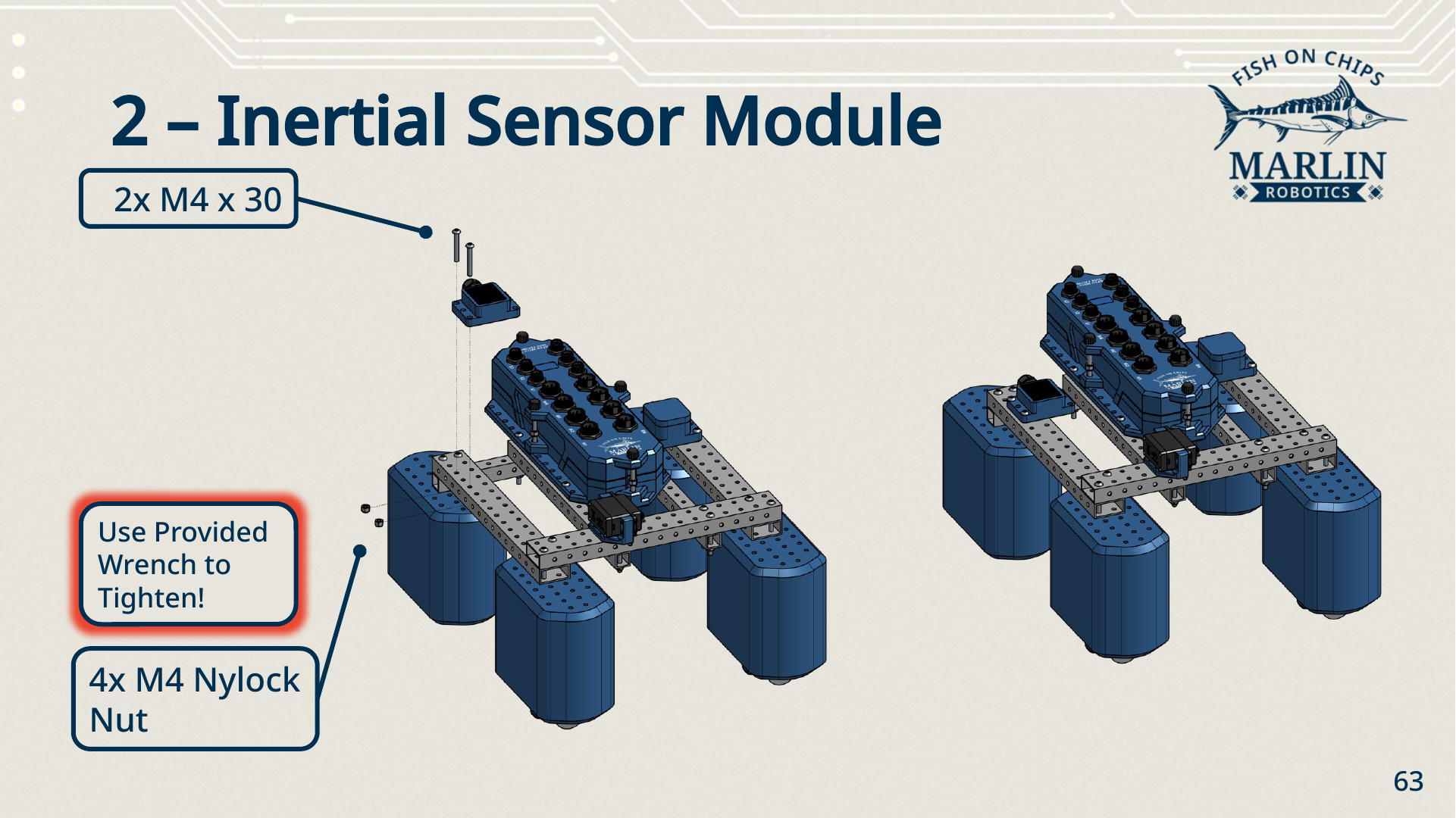 Step two: the IMU sensor module lowered onto the frame on the other side of the Robot Brain and fixed with two M4 x 30 screws and M4 nylock nuts, with the result shown mounted.